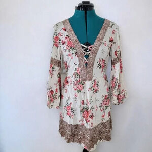 Angie Deep V-Neck Floral Cottagecore Boho Mini Dress - Size Small